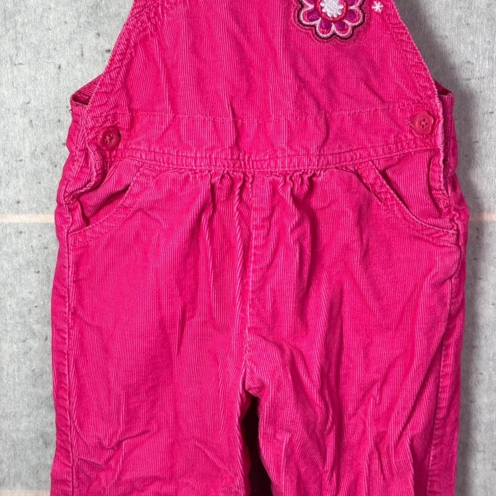 OshKosh Bgosh Corduroy Overalls Baby Girls 12M Pink Floral Embroidery Ruffle Hem